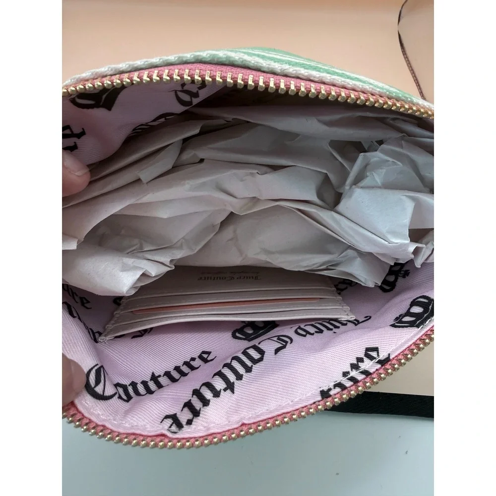 Juicy Couture Striped Canvas Wristlet Pouch Mint‎ Pink Paradise Makeup Bag NWOT